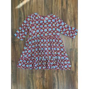 April Cornell Red with Blue Floral Knee Length Dress with 3/4 Sleeve, XL